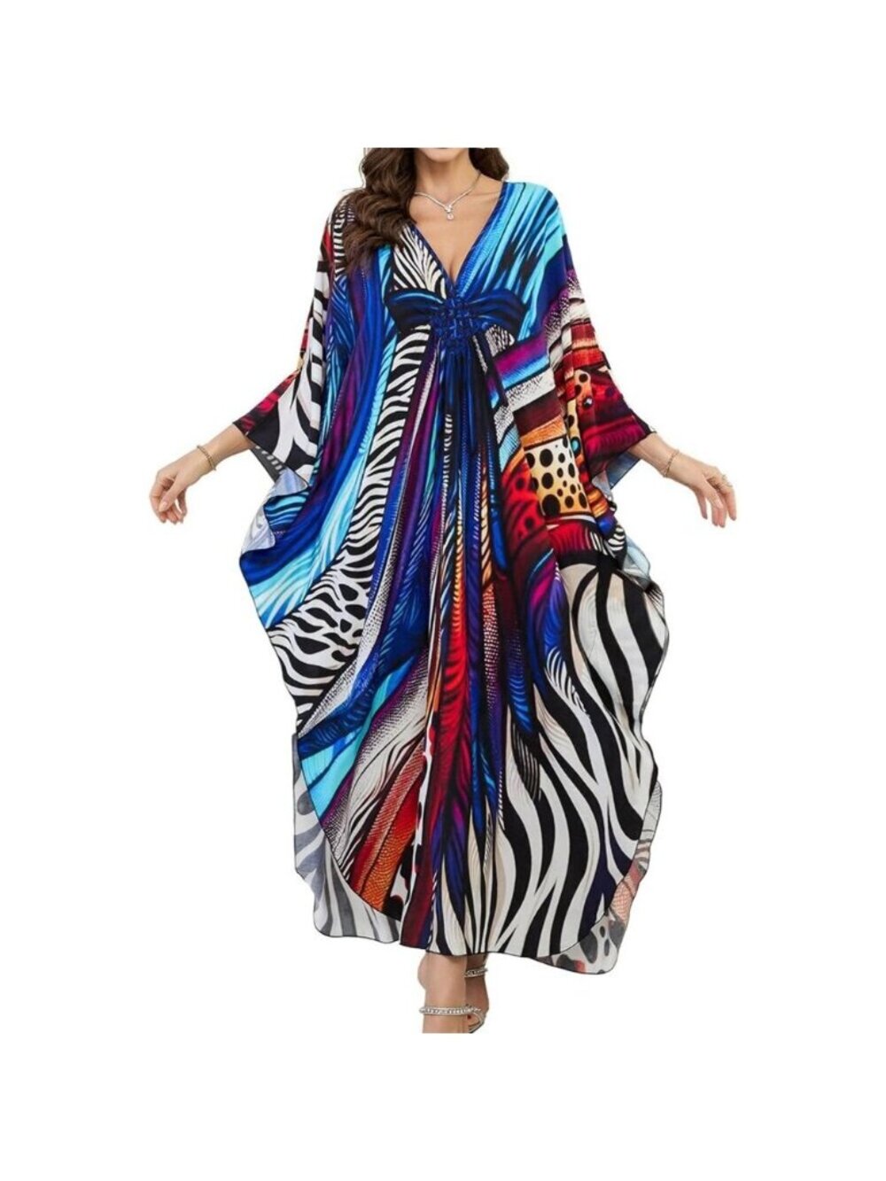 Women's Blue Bowknot Floral V-Neck Batwing Sleeves Summer Cover Up Kaftan Dress